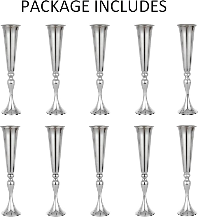 Metal Trumpet Vases for Centerpieces - Set of 10 Elegant Silver Vases for Table, 21.9" Tall Flower Stands for Table Centerpieces Anniversary Celebration Christmas Event Party Home Wedding Decorations