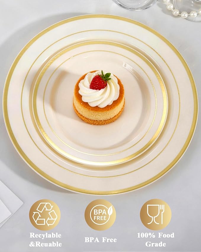 Goodluck 200 PCS Ivory and Gold Plastic Plates, Heavy Duty Disposable Ivory Plates with 100 10.25 inch Dinner Plates and 100 7.5 inch Dessert Plates for Party, Holiday, Wedding