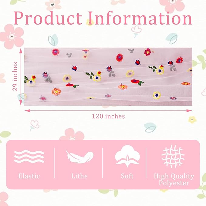 BINBE 12pcs Daisy Spring Table Runner Embroidery Gauze 10FT Florals Seasonal Tulle Holiday Birthday Kitchen Dining Table Decor for Home Party Pink