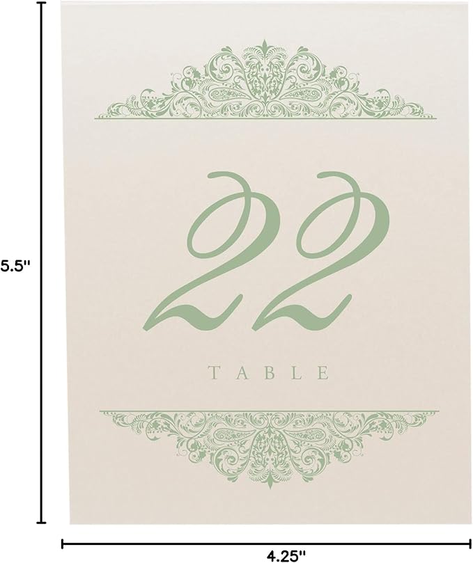 Paisley Wedding Table Numbers (Select Color/Quantity), Champagne, Sage, 1-100, Double Sided, Tent or Use in a Stand, Great for Parties & Restaurants - Made in the USA