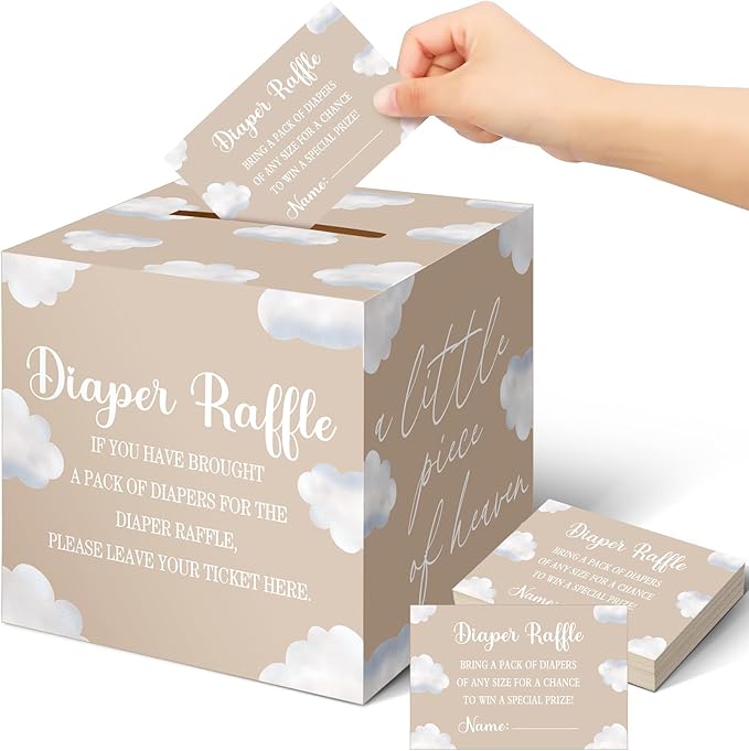 Teling 51 Pieces Diaper Raffle Tickets with Card Box Baby Shower Decorations Gender Reveal Holder Box for Girl Boy Diaper Raffle Party(Cloud 9 Style)