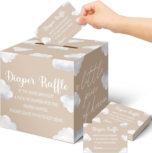 Teling 51 Pieces Diaper Raffle Tickets with Card Box Baby Shower Decorations Gender Reveal Holder Box for Girl Boy Diaper Raffle Party(Cloud 9 Style)