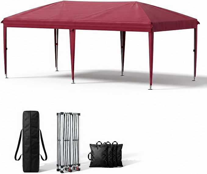10x20 FT Portable Pop Up Canopy Tent with Sandbags, Adjustable Height Instant Gazebo Without Sidewalls,Waterproof Outdoor Canopy for Camping, Parties, Vendor Events (RED, 3m × 6m Without sidewalls)