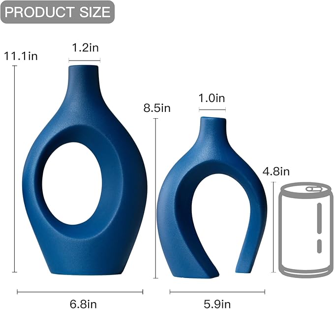 Lvases Snuggle Hollow Ceramic Vase Set of 2, 11 Inch Navy Blue | Nordic Boho Decor Home Flower Vases, Perfect for Living Room Coffee Table, Bookshelf Mantle & Entryway Pampas Grass Display