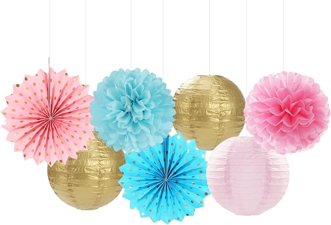 OURUOLA Pink Blue-Gold Party-Decorations Streamers Lanterns - 14pcs Gender Reveal Boy or Girl Birthday Paper Lanterns Fan,Tissue Pom Poms Streamer, Honeycomb Balls Decor