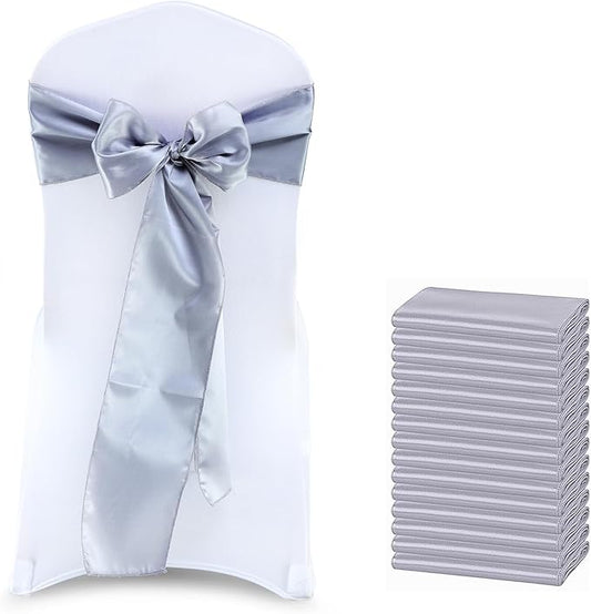 MDS Satin Chair Sashes, 150 Pack, 7”x108” Each, Decorative Chair Bows Ribbon Tie Backs for Wedding Party, Holiday Dinner, Birthday, Reception, Banquet, Hotel & Event Decoration - Light Silver