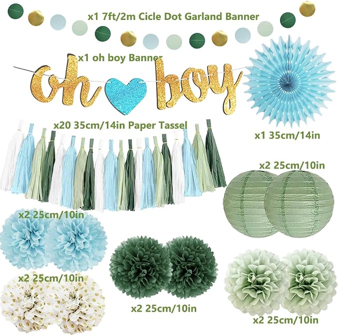 Sage Green and Blue Baby Shower Decorations Oh Boy Banner Sage Green Dusty Blue Tissue Paper Pom Poms Lanterns Paper Tassels Garland for Baby Boys Shower Party Decor
