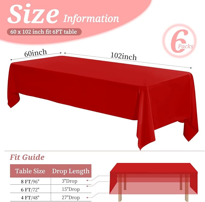 YMHPRIDE 6 Pack Tablecloth 60 x102 inch Polyester Table Cloth for 6 Foot Rectangle Tables,Stain and Wrinkle Resistant Washable Fabric Table Covers Polyester Red Tablecloths for Wedding,Party,Banquet