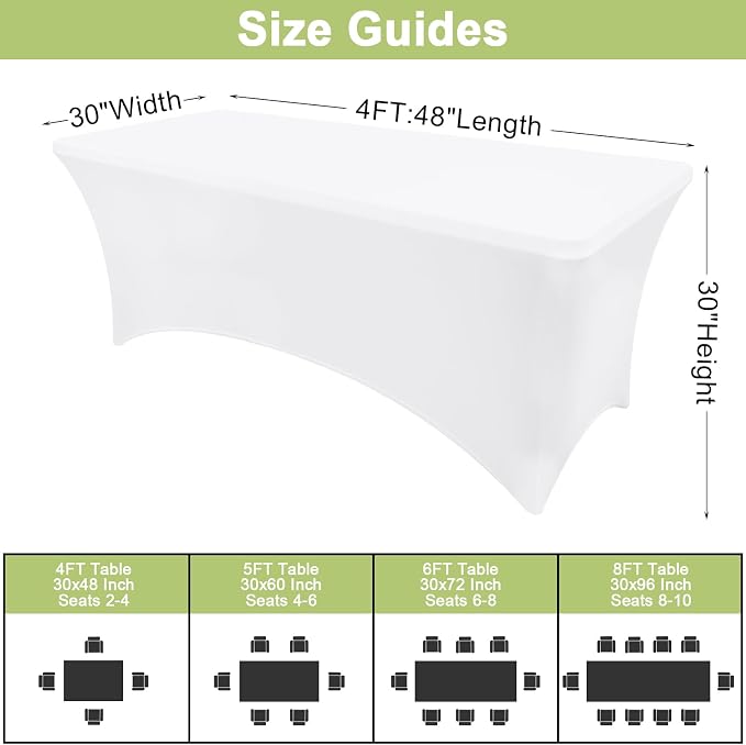Moosfor Spandex Elastic Fitted 4FT Rectangle Tablecloth 6 Pack, Stretch Washable Reusable Table Cover for Outdoor Picnic, Dining, Wedding, Banquet & Party Events (White, 48Lx30Wx30H Inch)