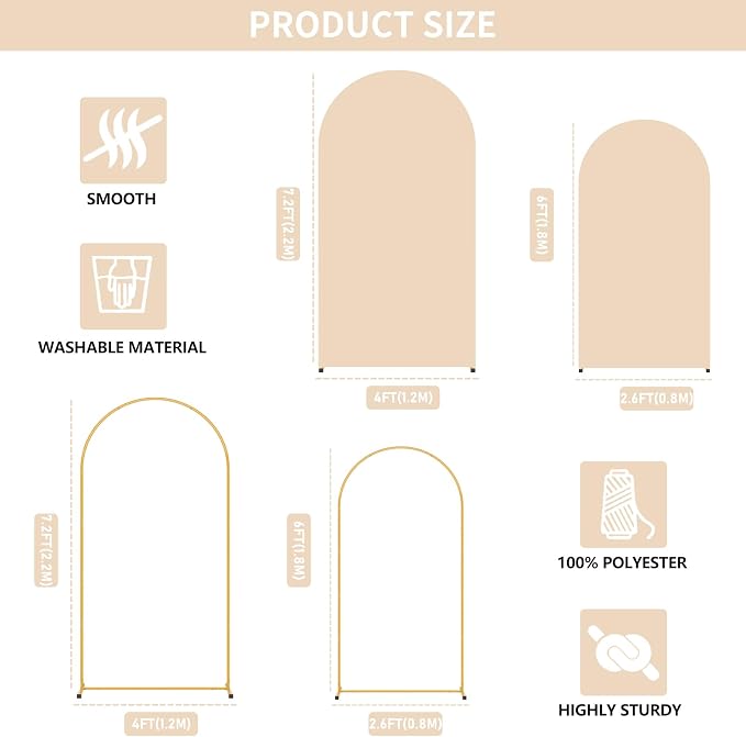 2 Pack Arch Backdrop Stand and Cover Set (7.2FT/6FT), Balloon Arch Stand, Metal Background Arch Stand, Backdrop Arch Frame, Wedding Arch for Backdrop (Apricot Cover)