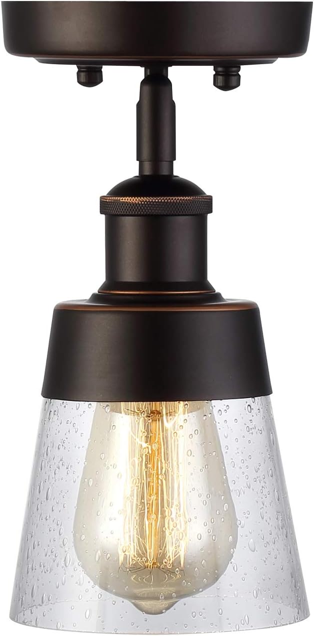 Rustic Glass Flush Mount Light Fixture Mini Clear Seeded Glass Shade Semi Flush Mount Ceiling Light for Hallway Farmhouse Kitchen Entryway, Oil Rubbed Bronze