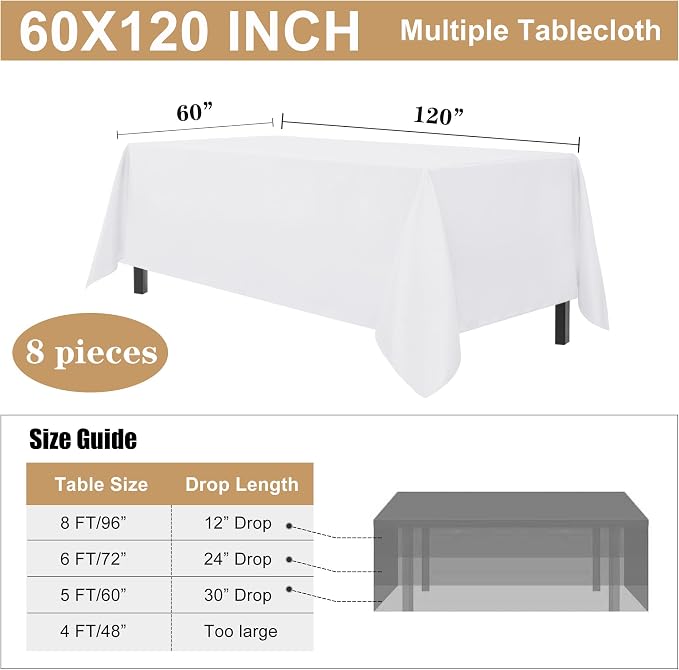 sancua 8 Pack White Tablecloth 60 x 120 Inch, Rectangle Table Cloth for 8 Feet Tables - Stain and Wrinkle Resistant Washable Polyester Table Cover for Dining Tables, Buffet Parties and Camping