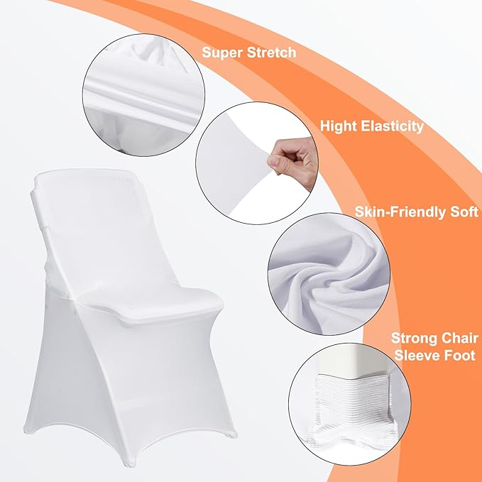 100 Pack White Folding Chair Covers for Party, Spandex Chair Covers for Wedding, Stretch Seat Cover 100 Pieces, Universal Fitted Polyester Slipcovers for Dining Chairs, Parties & Banquet (100 PCS)