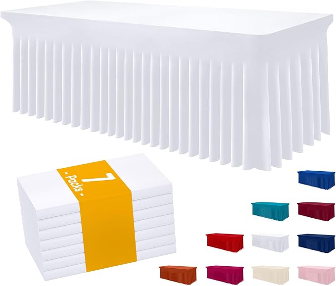 Smiry Spandex Tablecloth 7 Pack, Elastic Fitted Stretch Tablecloth for 6FT Rectangle Tables, Waterproof Washable Table Cover Skirt for Outdoor, Wedding, Banquet & Parties (White, 72Lx30Wx30H Inch)