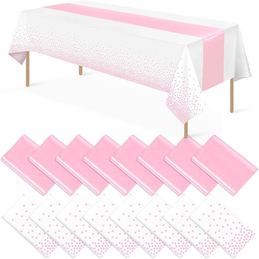 16Pack Disposable Plastic Tablecloths and Satin Table Runner Set White and Pink Dot Table Cloth Gold for Graduation Wedding Engagement Birthday Baby Shower Anniversary Holiday Party Decorations