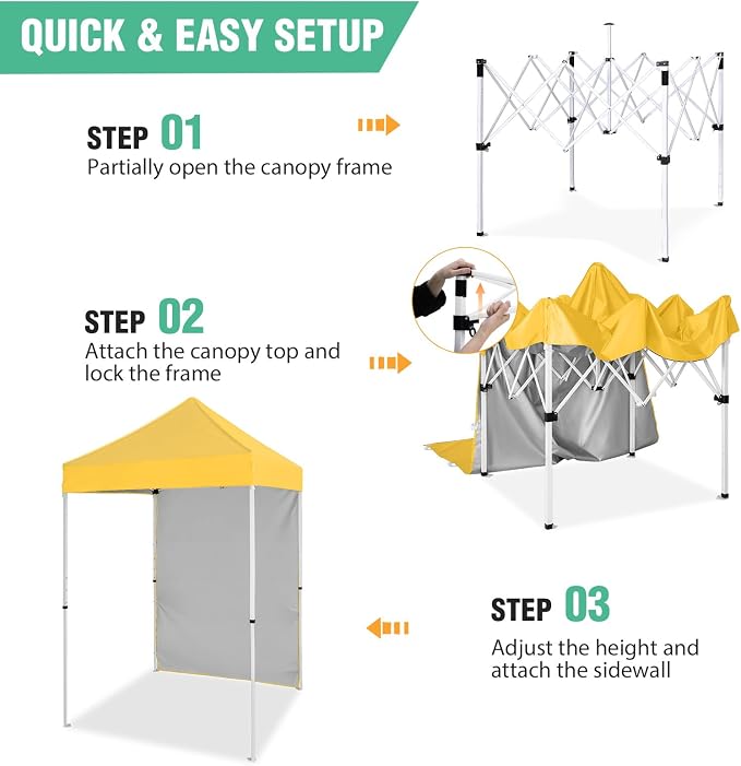 5x5 Pop Up Canopy Tent with One Sidewall, Instant Portable Beach Canopy, Outdoor Tent with Carry Bag for Camping, Sports, Tailgating, Events, Yellow