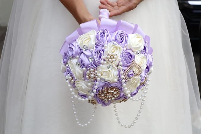 Cascade Bridal Wedding Bouquet with Rhinestone Brooch Pearl String Bouquet for Bride Bridesmaid Quinceanera Satin Rose Flower Bouquet Wedding Lilac Light Purple and Ivory 8.7in