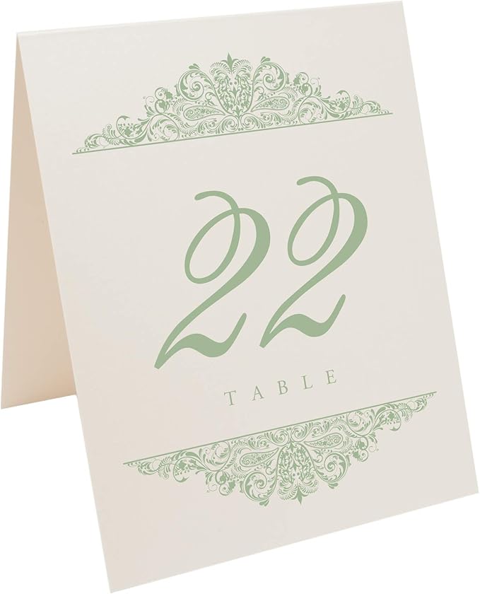 Paisley Wedding Table Numbers (Select Color/Quantity), Champagne, Sage, 1-100, Double Sided, Tent or Use in a Stand, Great for Parties & Restaurants - Made in the USA