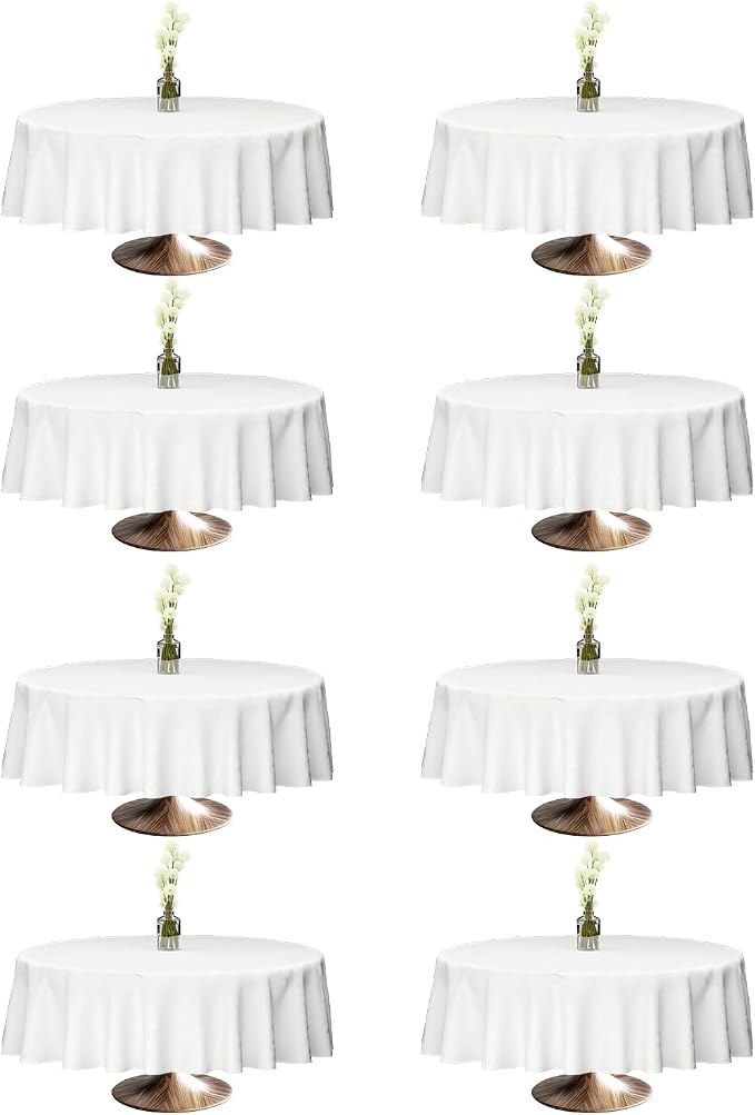 90x90 Table Cloth - 8 Pack Round White Washable Stain and Wrinkle Resistant Polyester Table Cover for Dining Tables, Various Parties and Camping (White)