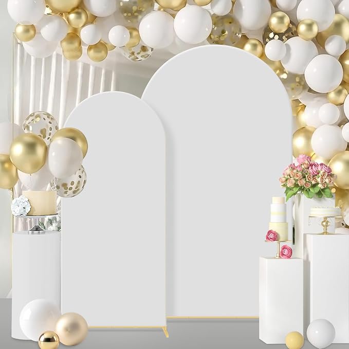 Gawicpy Wedding Arch Backdrop Stand Set Metal Arch Backdrop Stand with Wedding Arch Cover, Wedding Balloon Arch Backdrop Stand for Birthday, Baby Shower, Anniversary (White, 5.9FT+7.2FT)