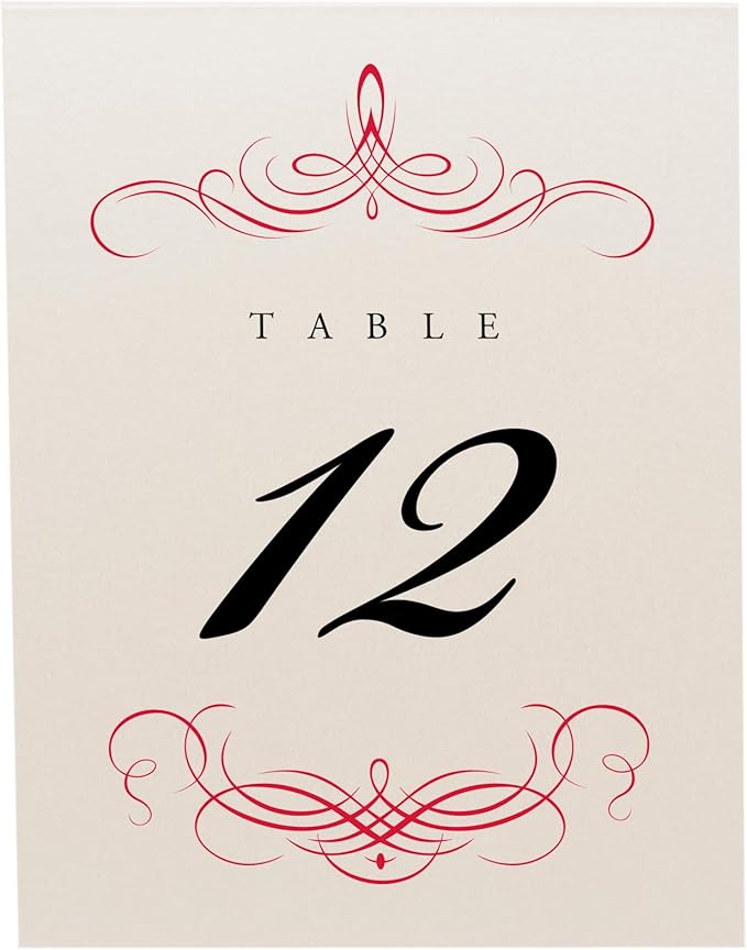 Decadent Flourish Wedding Table Numbers (Select Color/Quantity), Champagne, Ruby Red, 1-90, Double Sided, Tent or Use in a Stand, Great for Parties & Restaurants