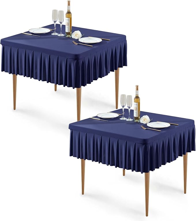 2 Pack Navy Blue Spandex Tablecloths for 34x34 Inch Square Tables, Stretch Fitted Table Clothes with Pleated Ruffle Skirt for 34” Table, Wrinkle Free and Elastic, for Party Kitchen Home Dining