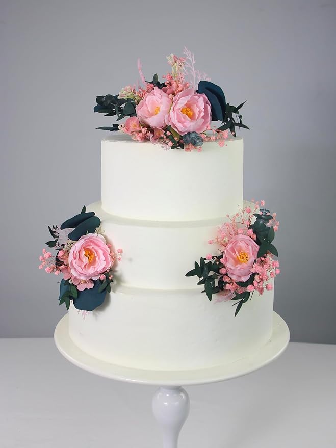 Rinlong 3Pcs Pre-made Cake Flowers Cake Decorations Wedding Cake Decorating Flowers Decor Boho Rustic Birthday Party Artificial Flowers Cake Toppers Pink Dark Green