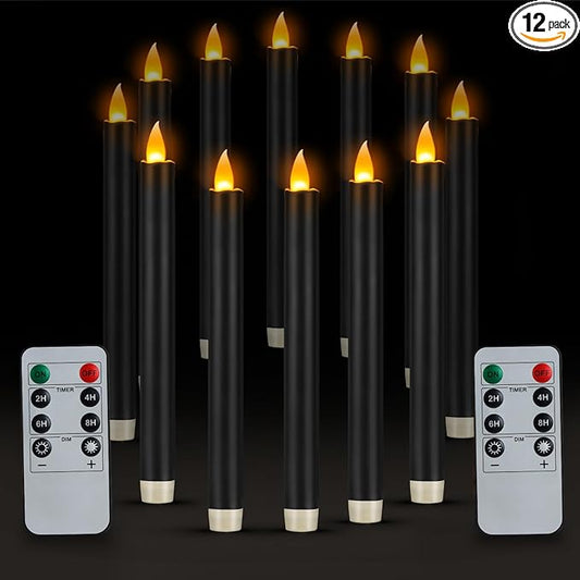 wemarry Flameless Taper Candles 10" Dripless Battery Operated Taper Candles Included Remote Timer 400+ Hours by 2AA Batteries for Halloween Christmas Wedding (Black, 12 Pack)
