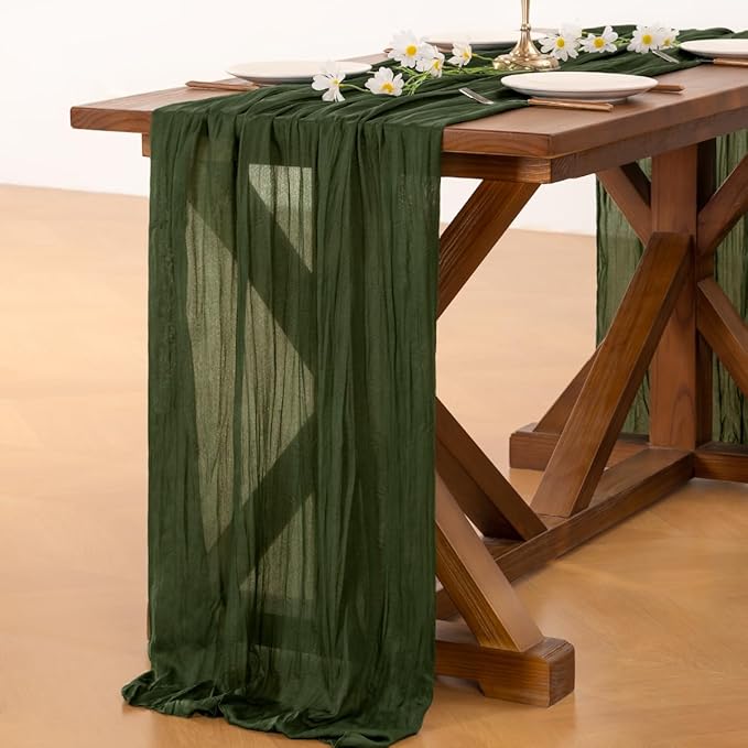 Socomi 10pcs Olive Green Cheesecloth Table Runner Boho Rustic Gauze 120 inch 10FT Cheese Cloth Runner for Wedding Party Baby Shower Birthday Home Decor Holiday Decorations