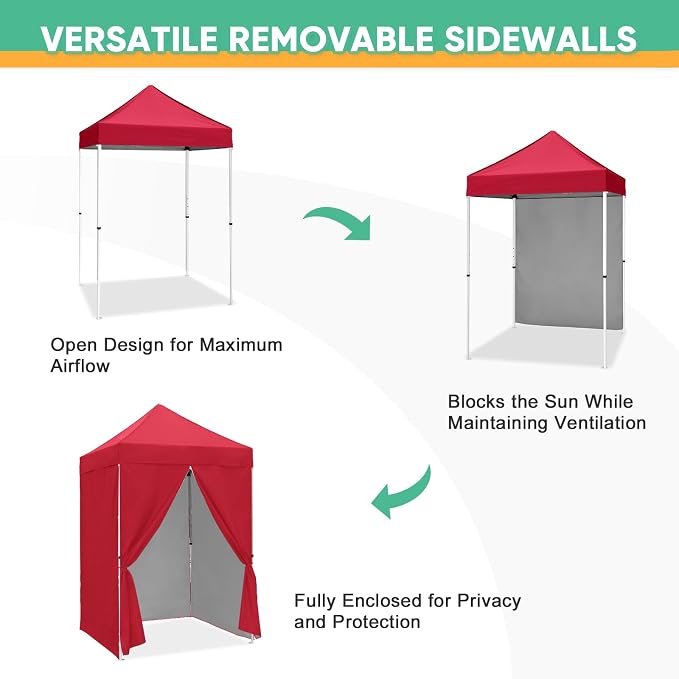 5x5 Pop Up Canopy Tent with Four Sidewalls, Instant Portable Beach Canopy, Outdoor Tent with Carry Bag for Camping, Sports, Tailgating, Events, Red
