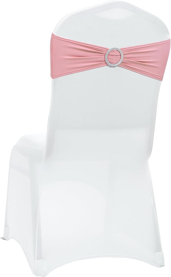 VDS - Dusty Rose | Spandex Chair Sashes Bows | 75 PCS | Stretch Elastic Banquet Universal Folding Chair Band Tie with Silver Buckle Slider for Wedding Party Conference Celebration Event Decoration