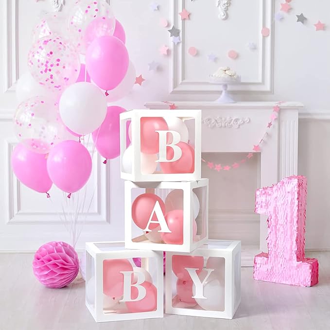 Voircoloria Baby Boxes with Letters for Baby Shower, Gender Reveal Decorations with 4 Transparent Balloon Boxes for Gender Reveal Baby Shower Decorations(White)