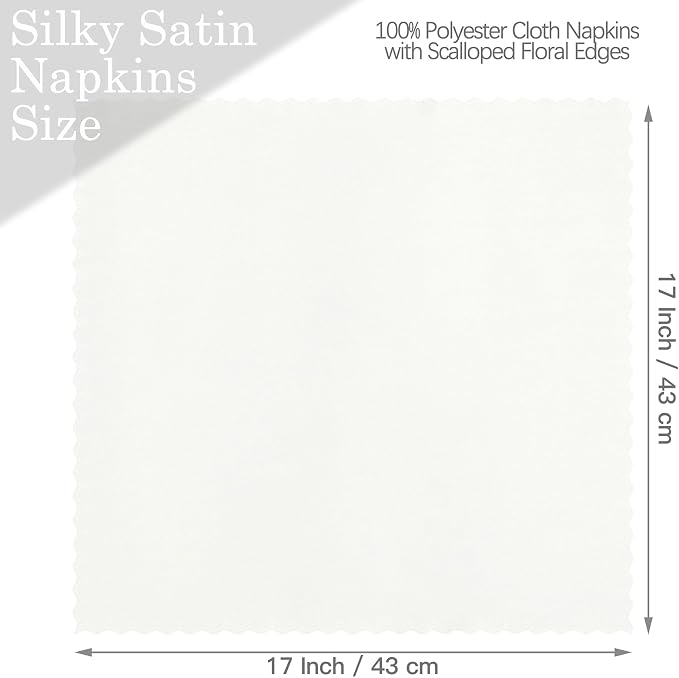 Homiest 100 Pack White Satin Napkins - 17x17 Inches Scalloped Square Dinner Napkins for Wedding, Restaurant, Banquet & Party