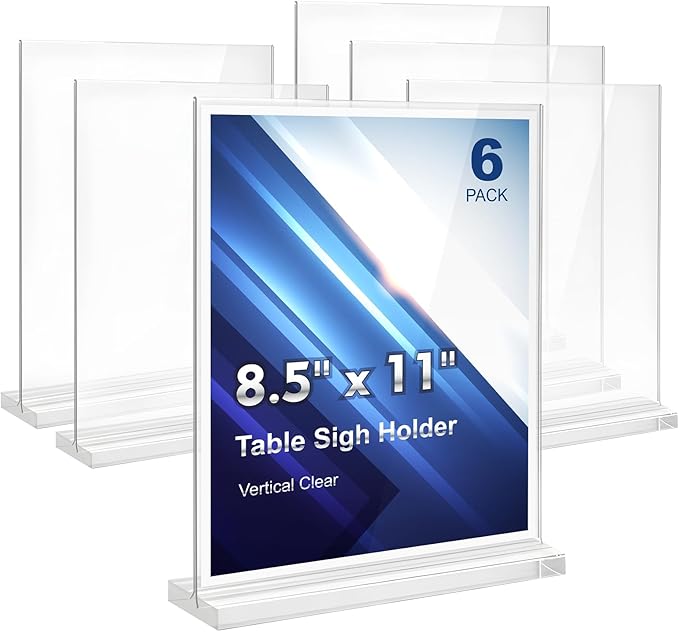 Comix Clear Acrylic Sign Holder 8.5x11 Inches, 6 Pack Double Sided Display Stand Plastic Table Paper Stand, Vertical Menu Flyer Holder for Restaurants, Store, Office