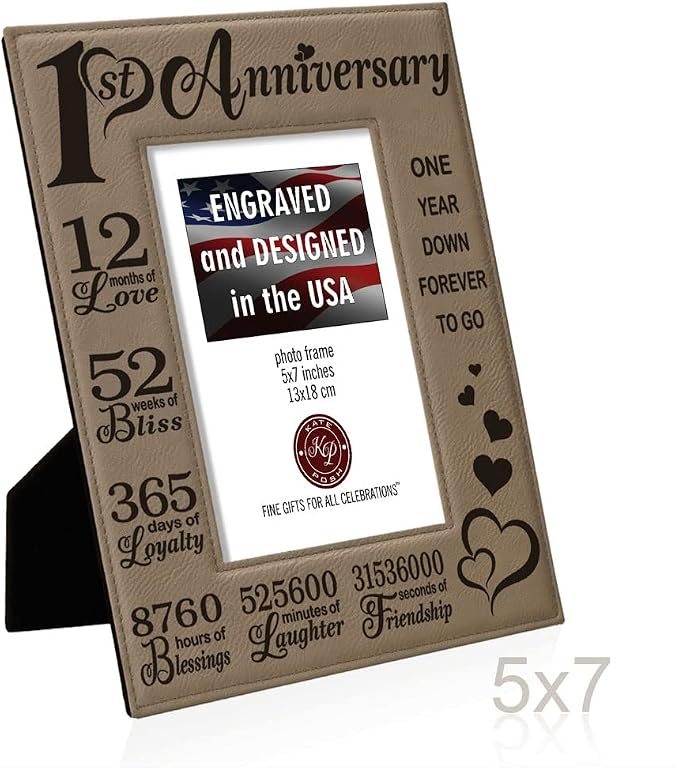 KATE POSH - Our First Anniversary Engraved Leather Picture Frame - Couple Gifts, Him & Her, Paper & First Wedding Anniversary Photo Gifts (5x7-Vertical)