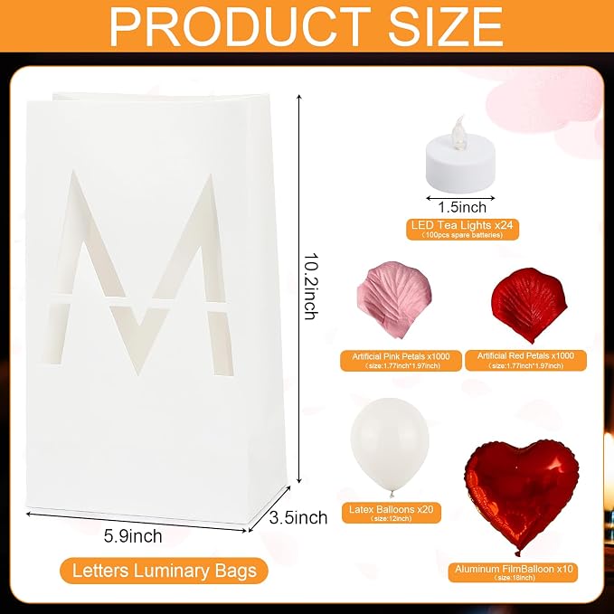 Will You Marry Me Light Up Letters, Paper Luminary Bags with LED Flameless Candles Fake Rose Petals Latex Foil Balloons for Girlfriend Women Valentines' Day Anniversary Proposal Decorations