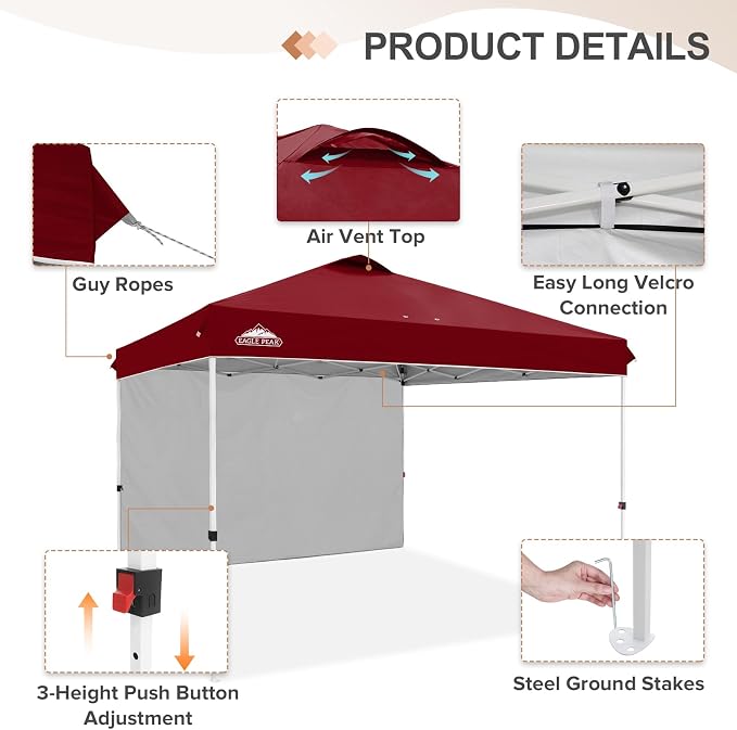 EAGLE PEAK Commercial Canopy 12x12 Pop Up Canopy Tent with 1 Sidewall, Easy Setup Heavy Duty Instant Event Shelter for Vendors & Markets, Outdoor Sun Shade, Burgundy