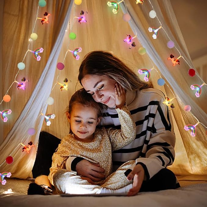 9.85 Ft Pom Pom Unicorn Rainbow String Lights, Colorful 20 LED Battery Operated Fairy Lights with Timer & 8 Flash Modes, Cute Kids Bedroom Decor Lights, Kawaii Unicorn Gifts for Toddler Teen Girls