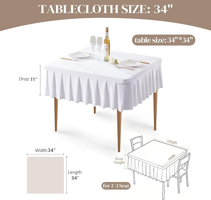 White Spandex Tablecloths for 34x34 Inch Square Tables, Stretch Fitted Table Clothes with Pleated Ruffle Skirt for 34” Table, Wrinkle Free and Elastic, for Party Kitchen Home Dining Outdoor Patio