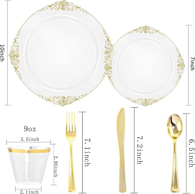 Nervure 600PCS Gold Plastic Dinnerware - Clear and Gold Disposable Plates for 100 Guests - 200 Disposable Plates, 300 Plastic Silverware, 100 Cups for Wedding & Party