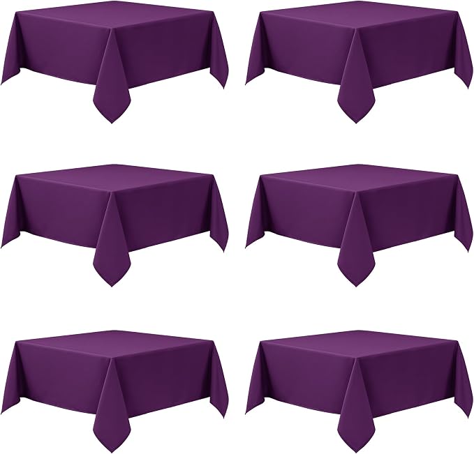 6-Pack Purple Tablecloths for Square Tables, 54 x 54 Inches, Stain-Resistant Polyester Fabric for 2 Foot Tables - Washable Table Covers for Weddings, Banquets, Birthday Parties, Events