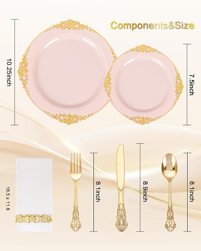 Ciaell 300PCS Pink and Gold Plastic Plates - Pink Disposable Dinnerware Sets for 50 Guests - 100 Plates, 50 Knives, 50 Forks, 50 Spoons, and 50 Napkins for Wedding, Party & Mother's Day