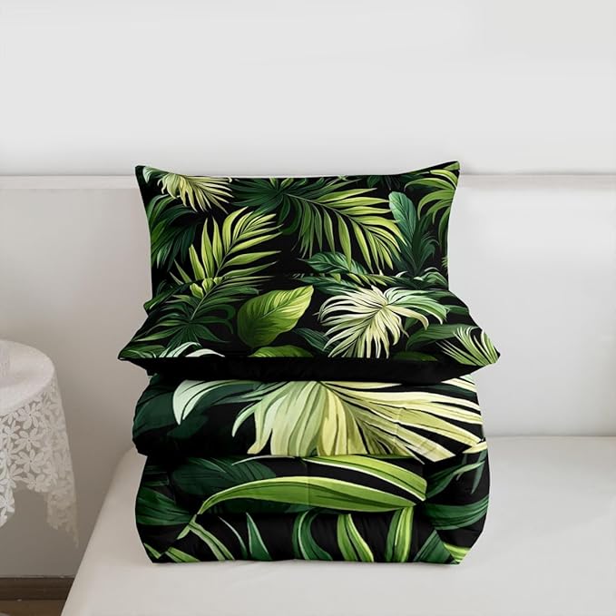 Feelyou Tropical Leaves Comforter Set Queen Size Kids Palm Tree Print Comforter for Boys Girls Teens Leaf Pattern Bedding Set Botanical Leaf Branches Duvet Set Botanical Quilt