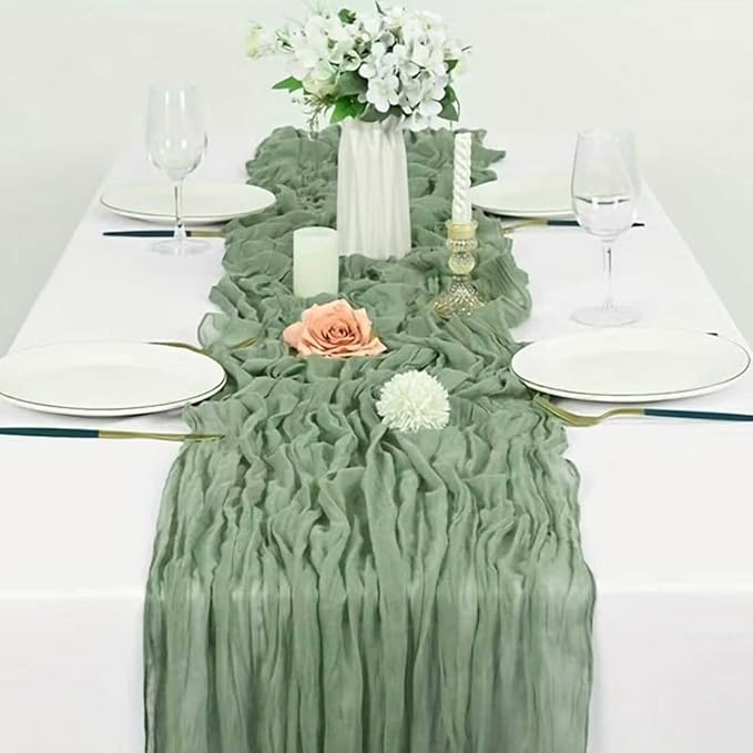Cheesecloth Table Runner 10ft Rustic Gauze Cheese Cloth 35 x 120 Inches Long for Christmas Wedding Bridal Baby Shower Birthday Table Decorations (Sage Green, 10 Pack-10FT)