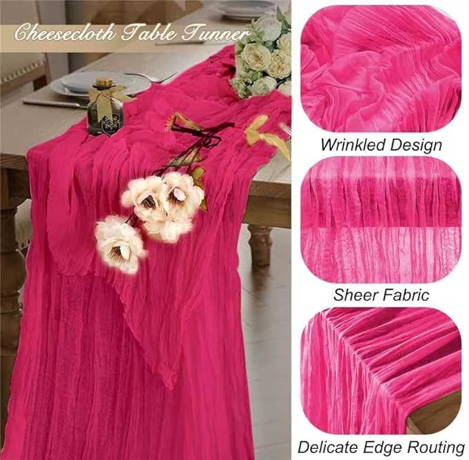 8 Pack Hot Pink 10 Ft Cheesecloth Table Runner 35x120 Inch Boho Wrinkled Sheer Romantic Gauze Decor for Wedding, Bridal Shower, Birthday Party