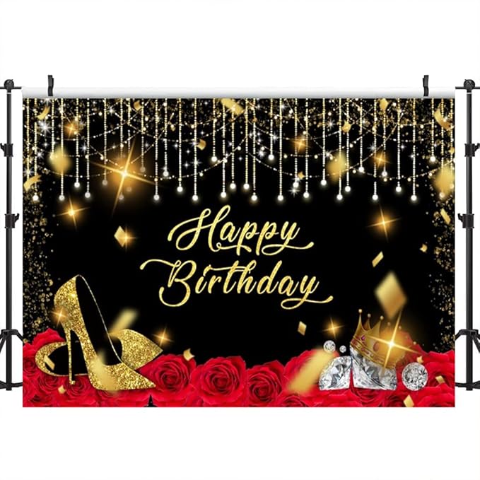 12x10ft Gold and Black Happy Birthday Backdrop Large Glitter Sequin High Heels Diamond Wine Red Rose Photography Background for Women Party Decorations Banner Photo Booth Backdrops