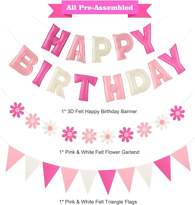 YEOCU Happy Birthday Decorations, No DIY, Pre-Strung 3D Banner | Pink&White, 3D felt banner, flower garland & flags. No DIY, reusable for kids & women.