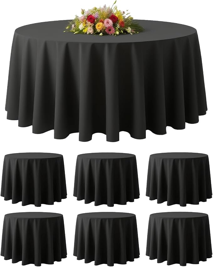 BESTVIP 6 Pack 90 Inch Black Round Polyester Tablecloth for 36"-66" Tables | Washable Reusable Decorative Fabric Cover, Ideal for Wedding, Party, Holiday, Restaurant & Event Decoration