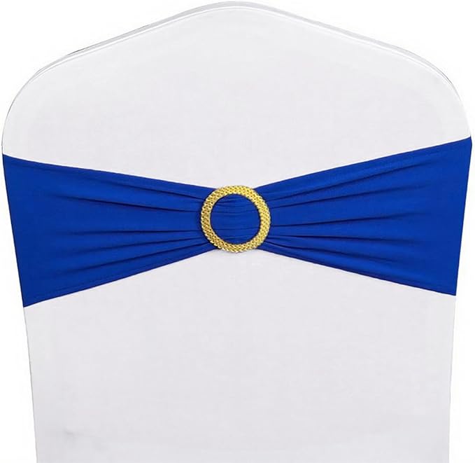 Pack of 50 Spandex Royal Blue Chair Sashes with Gold Buckles, Stretch Chairs Sashes for Wedding Party Baby Shower Ceremony Event Decorations Chair Bands Bows (Royal Blue Sashes, Gold Buckles)