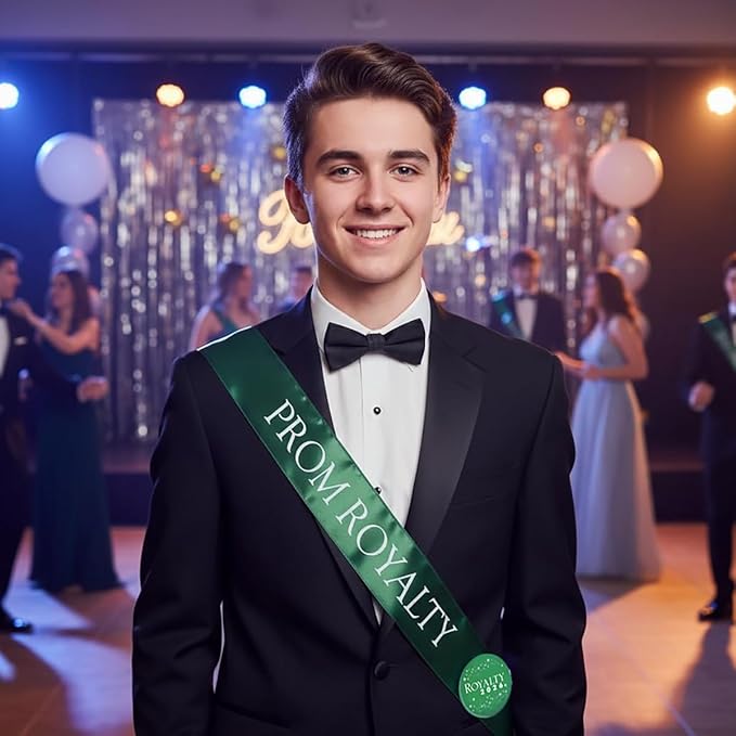 Anderson's 2-Set Green/White Prom Royalty Sashes and Buttons, Accessory for High School Students, Prom Accessories